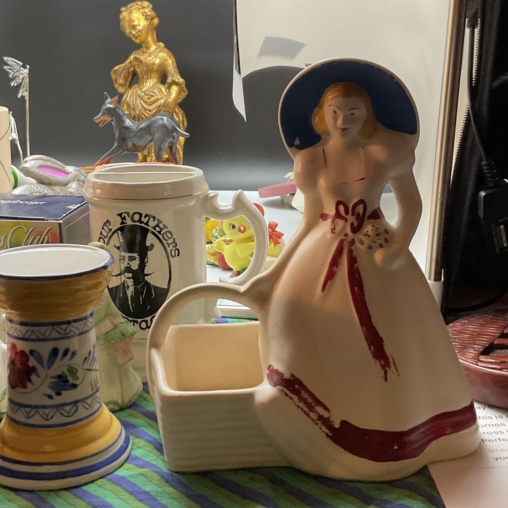 Vintage Ceramic Lady Planter in Cream and Blue